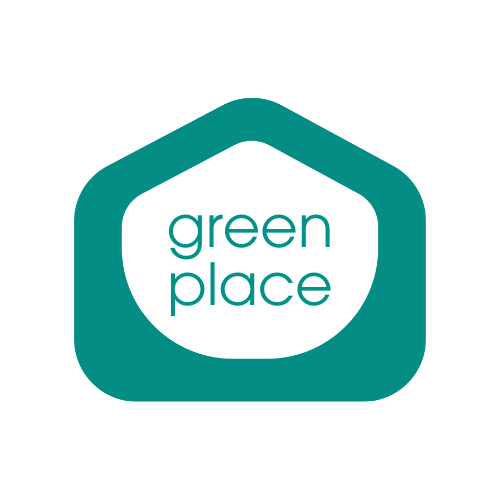 Logo of 'green place' featuring a stylized house shape with the text in a modern font.